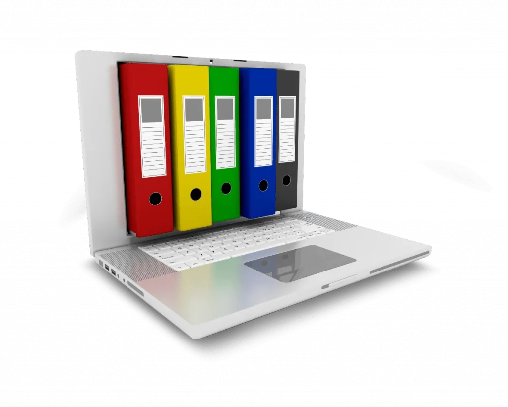 Computador portátil aberto mostrando pastas de arquivo coloridas na tela, simbolizando a organização e armazenamento digital de documentos com o software Immobile da Alterdata.